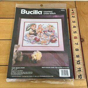 Teddy Bear's Picnic Counted Cross Stitch Kit Bucilla 40742 Vintage New/Unopened